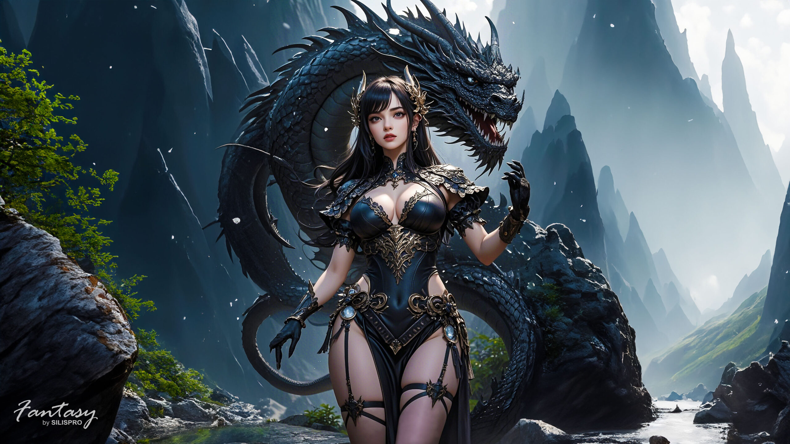 Enchanting Dark-Haired Maiden & Dragon