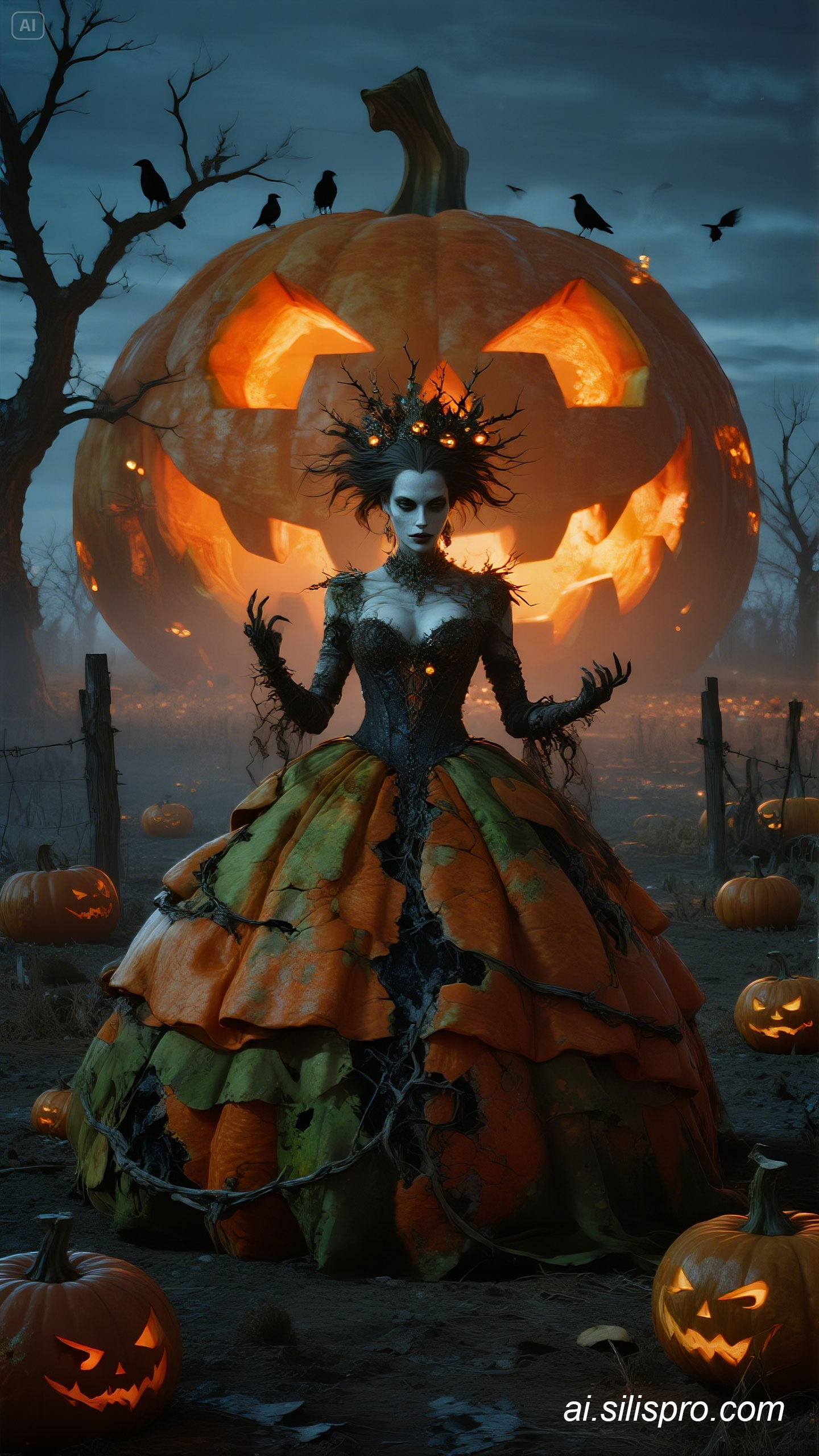 ai-fantasy-by-silispro-a-spooky-pumpkin-woman-wearing-a-orange-and-green-dress-halloween-001