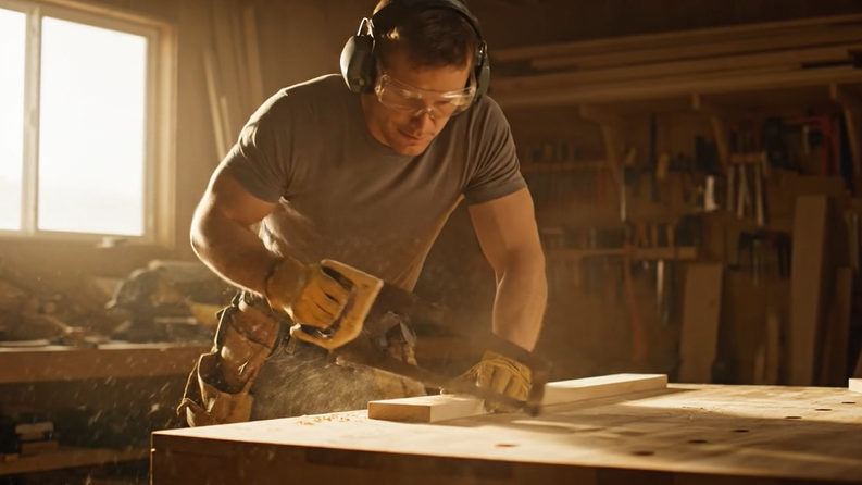 VEO 3 Ai Generated Video of a Carpenter Cutting A Piece of Wood